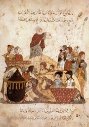 Abou Zayd Preaching for a Caravan of Pilgrims, from Al Maqamat by Al Hariri, c.1240